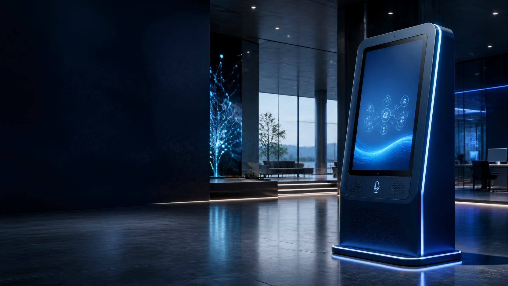 Visualización futurista de una cabina digital de atención ciudadana Atenia